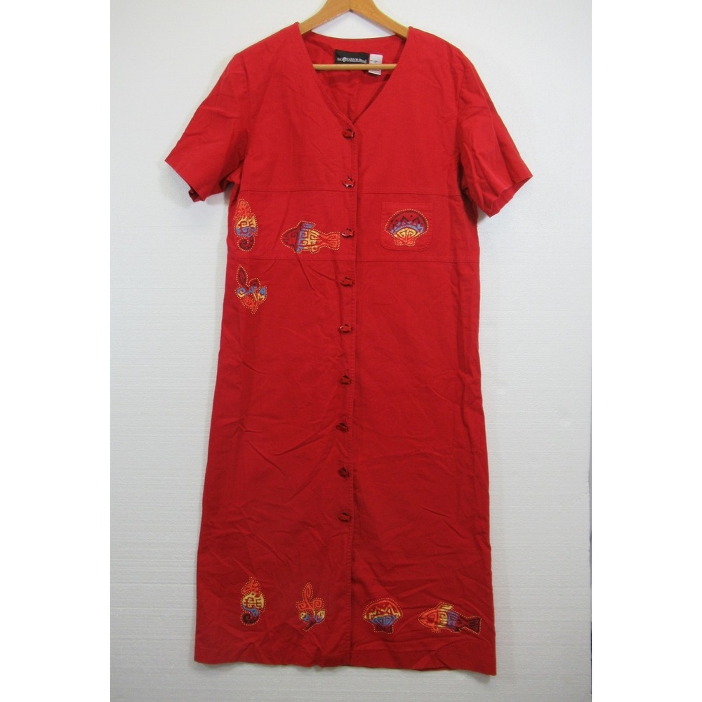 Sag Harbor Fish Print Lagenlook Linen Blend Dress Women 14 Red Art to Wear